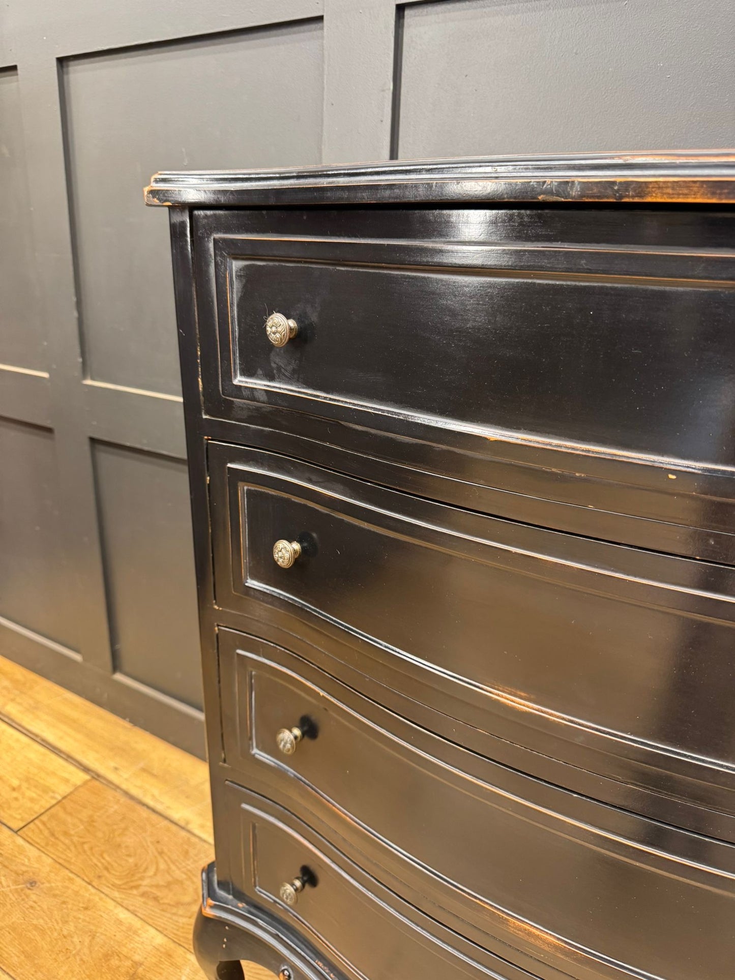 French Style Black Serpentine Chest of Drawers Vintage Rococo Distressed