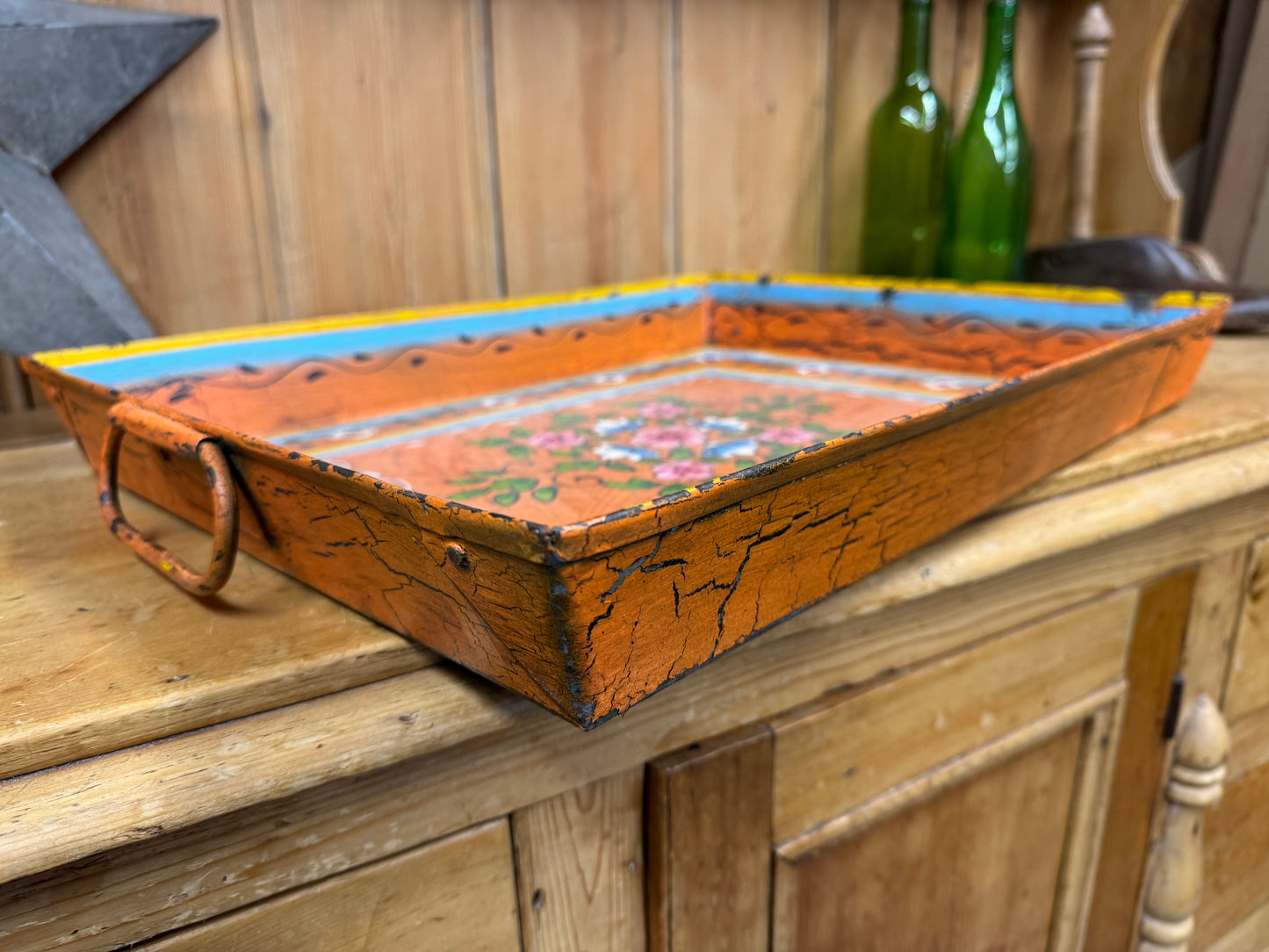 Rustic Vintage Metal Hand Painted Tray / Bread Antipasti Board / Decorative Storage / Serving Lap Tray / Narrow Boat / Gypsy / Fruit Bowl / Table Center Piece