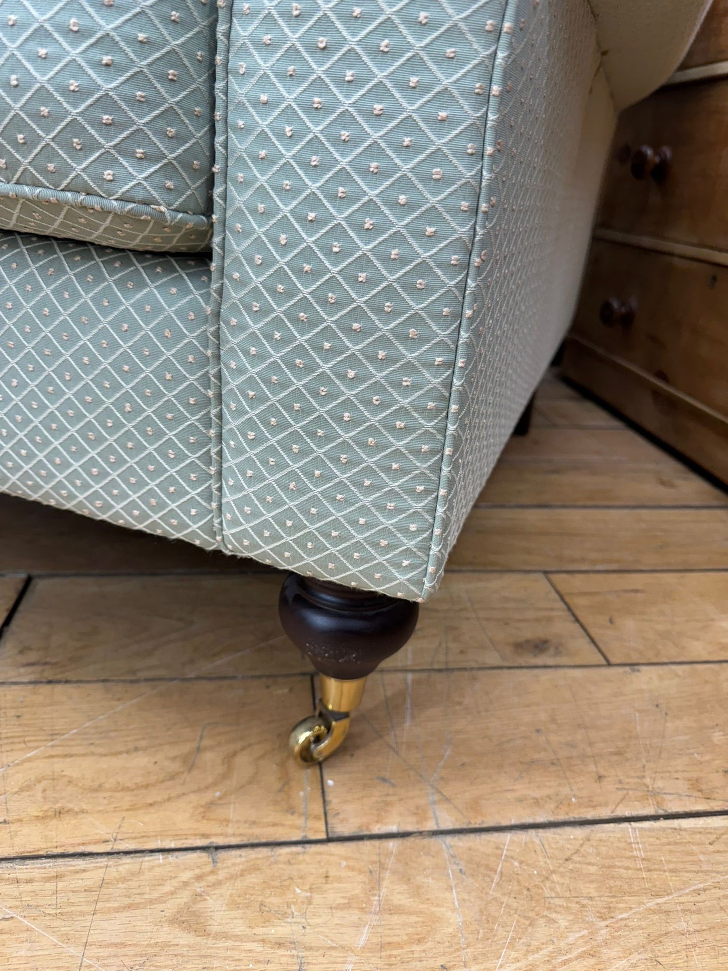 Pair of Upholstered Armchairs By Wesley Barrell– Brass Castors /Lounge Chairs