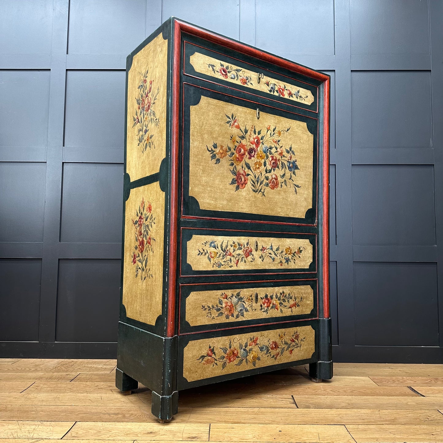 French Painted Drop Front Bureau Desk / Vintage Cupboard / Cocktail Cabinet