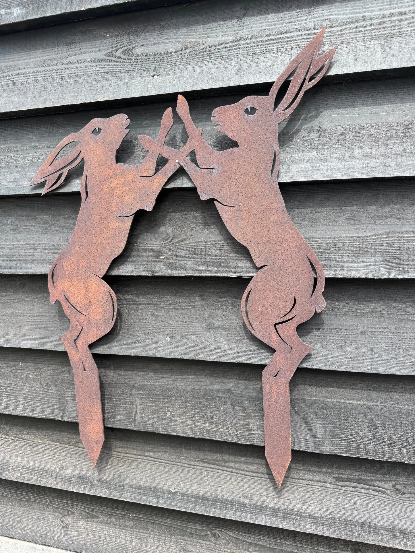Rusty Metal Boxing Hares Garden Decoration RW NORFOLK