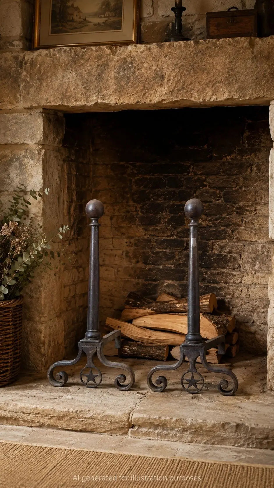Large Pair Antique Cast Iron Fire Dogs Andirons Fireplace Scroll Supports c1900 RUSTIC WAREHOUSE NORFOLK