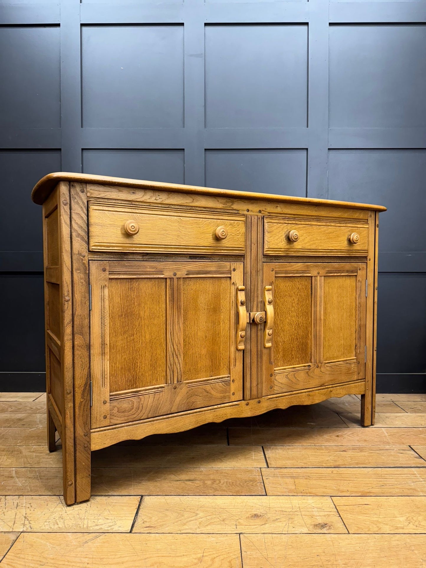 Vintage Ercol Elm Sideboard Cupboard with Drawers – Rustic Waxed Finish