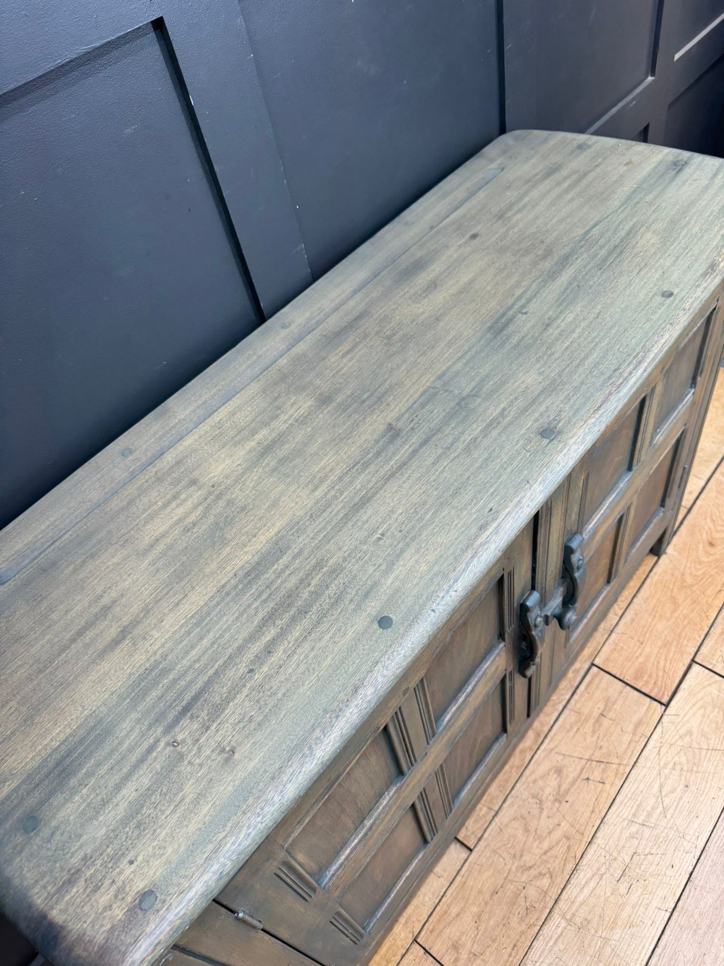 Vintage Ercol Elm Sideboard Cupboard with Drawers – Rustic Green Washed Finish