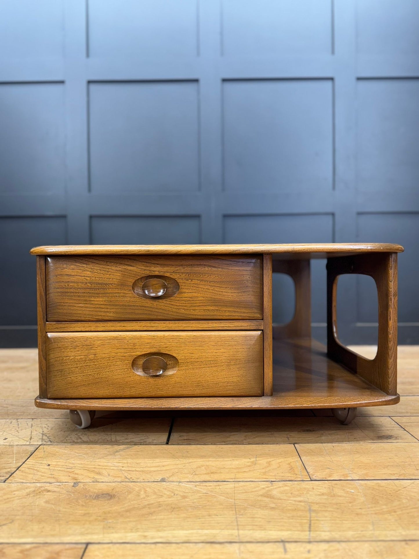 Vintage Ercol Pandora Coffee Table on Castors – 2 Drawers, Mid-Century Design