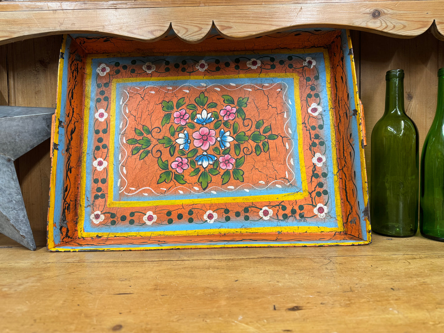 Rustic Vintage Metal Hand Painted Tray / Bread Antipasti Board / Decorative Storage / Serving Lap Tray / Narrow Boat / Gypsy / Fruit Bowl / Table Center Piece