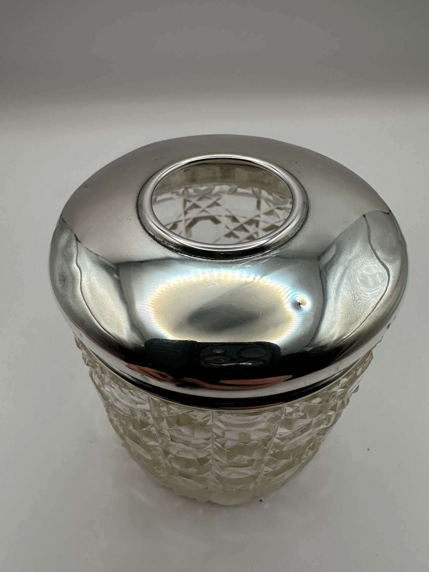 Antique Solid Sterling Silver Topped Cut Glass Pot / Dressing Table Pot