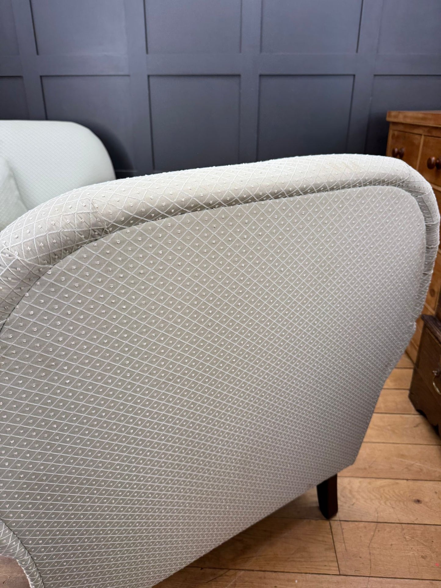 Pair of Upholstered Armchairs By Wesley Barrell– Brass Castors /Lounge Chairs