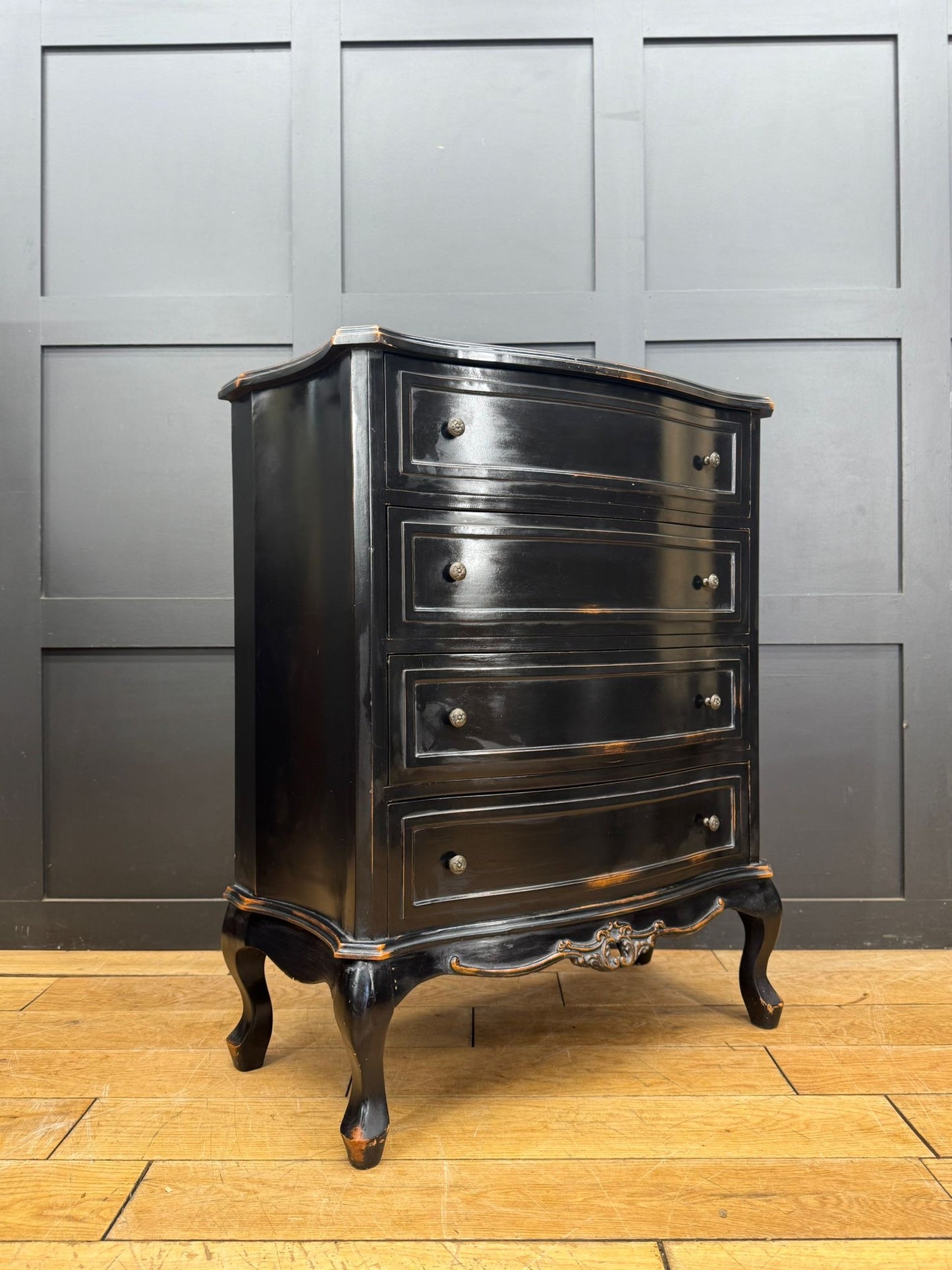 French Style Black Serpentine Chest of Drawers Vintage Rococo Distressed