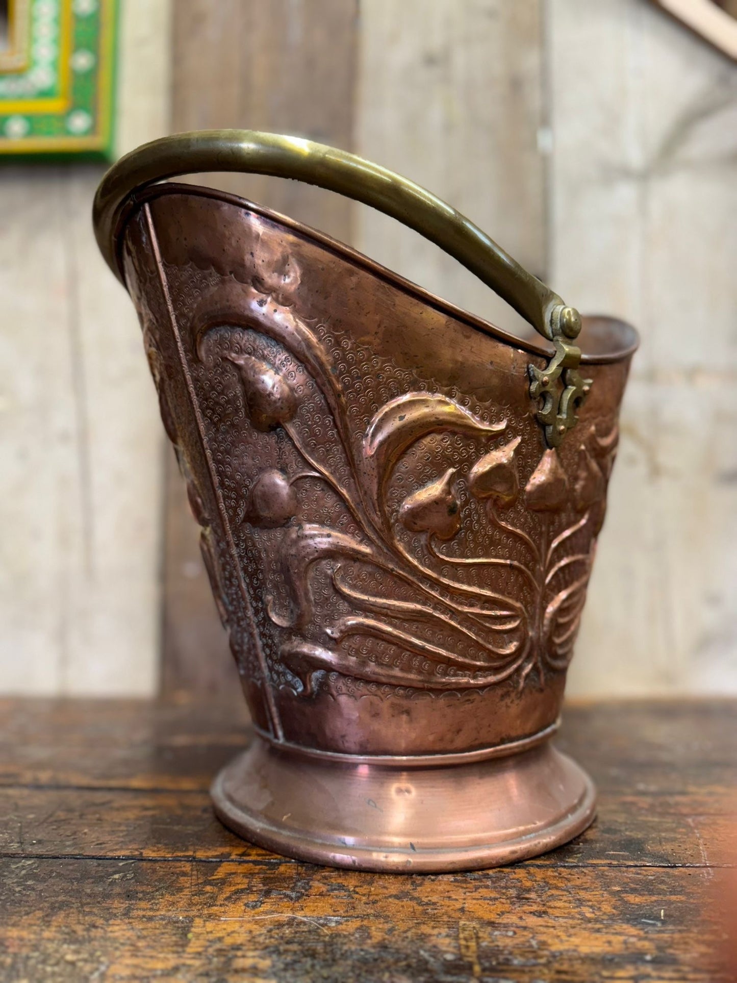Antique Art Nouveau Embossed Copper Coal Scuttle Bucket with Brass Handle 39.5cm