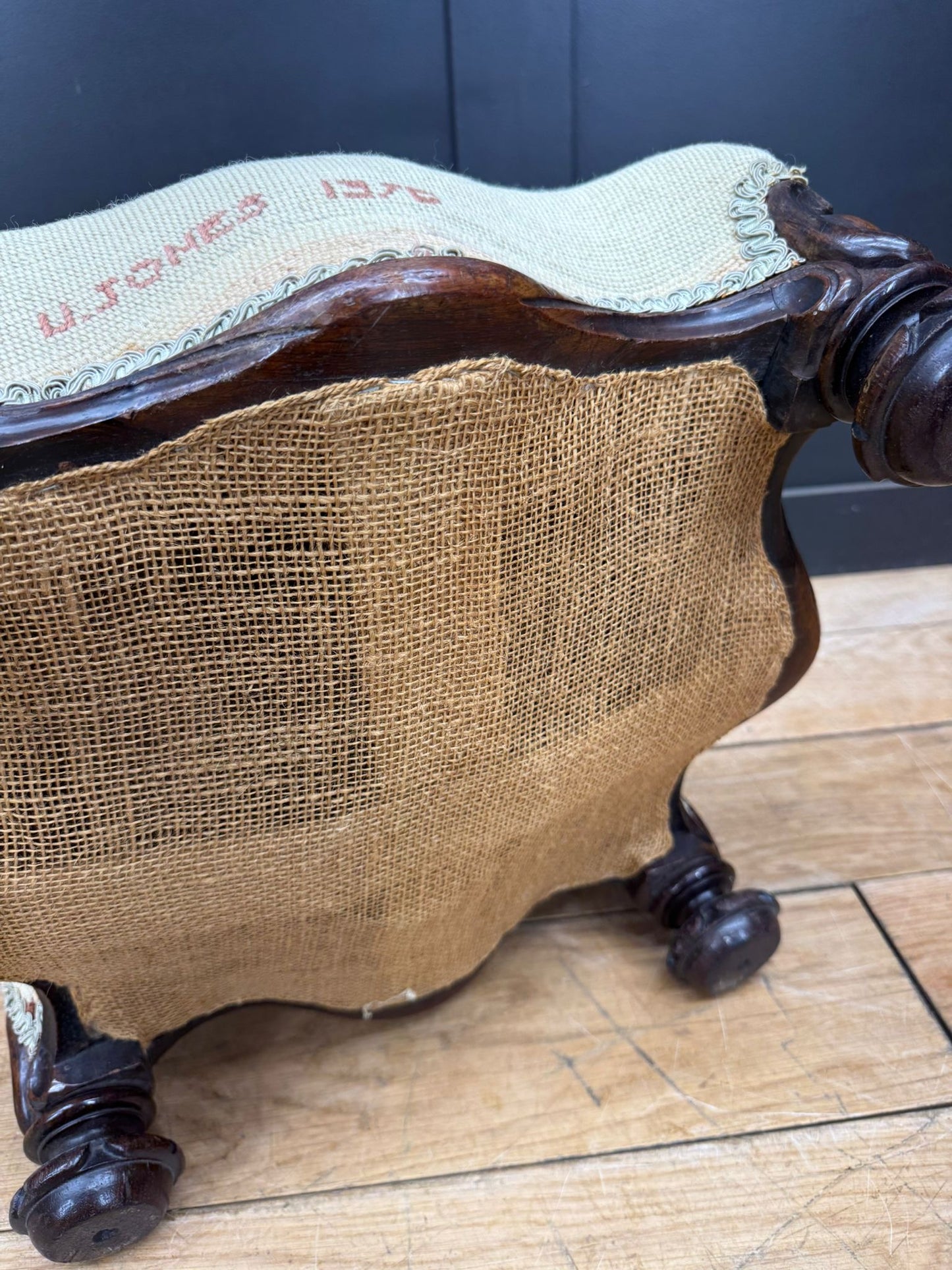 Victorian Walnut Footstool c.1876 – Carved Cabriole Legs & Floral Needlepoint