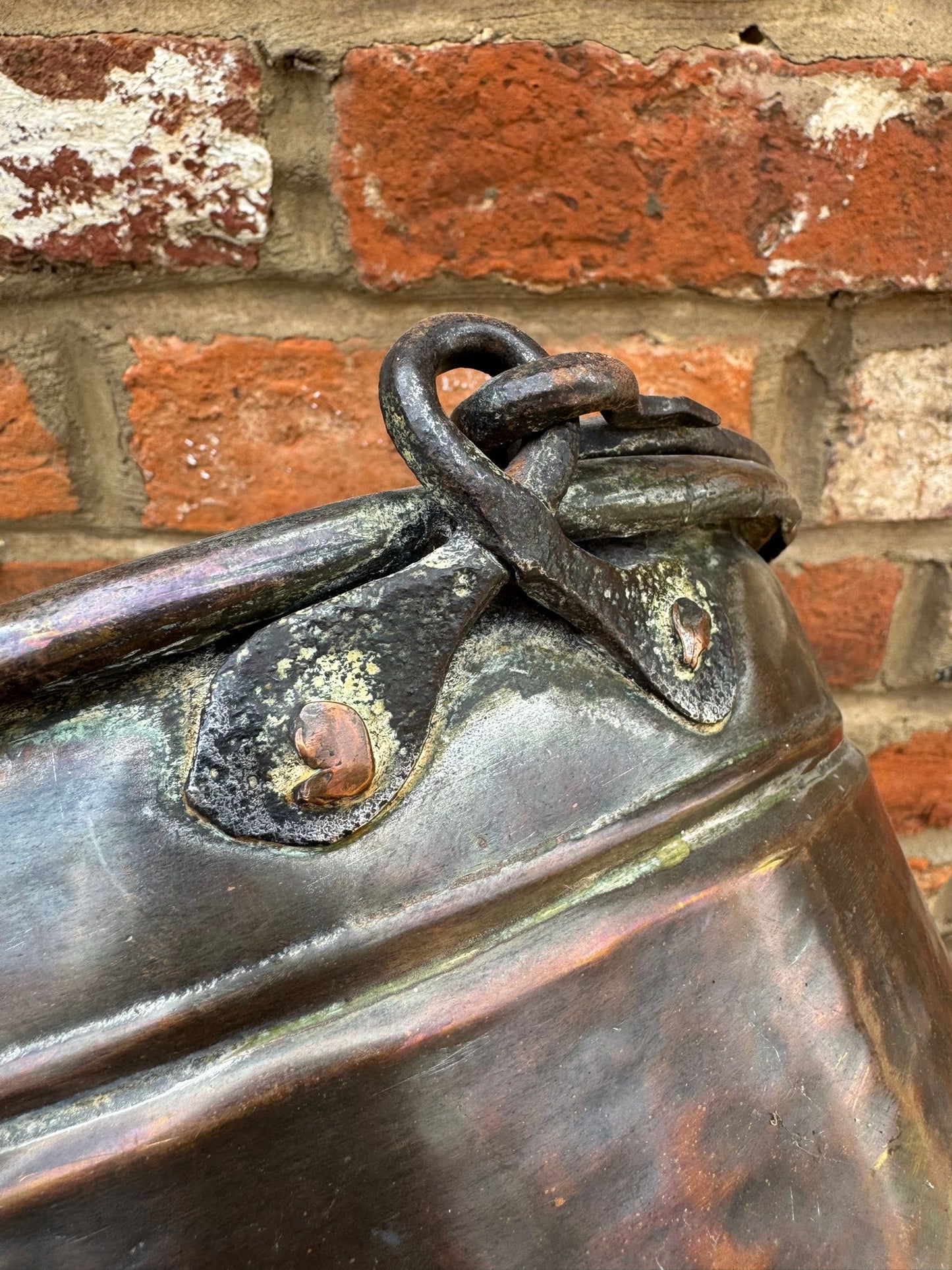 Antique Copper Cauldron Pot with Riveted Iron Handle & Dovetail Planter Pot B
