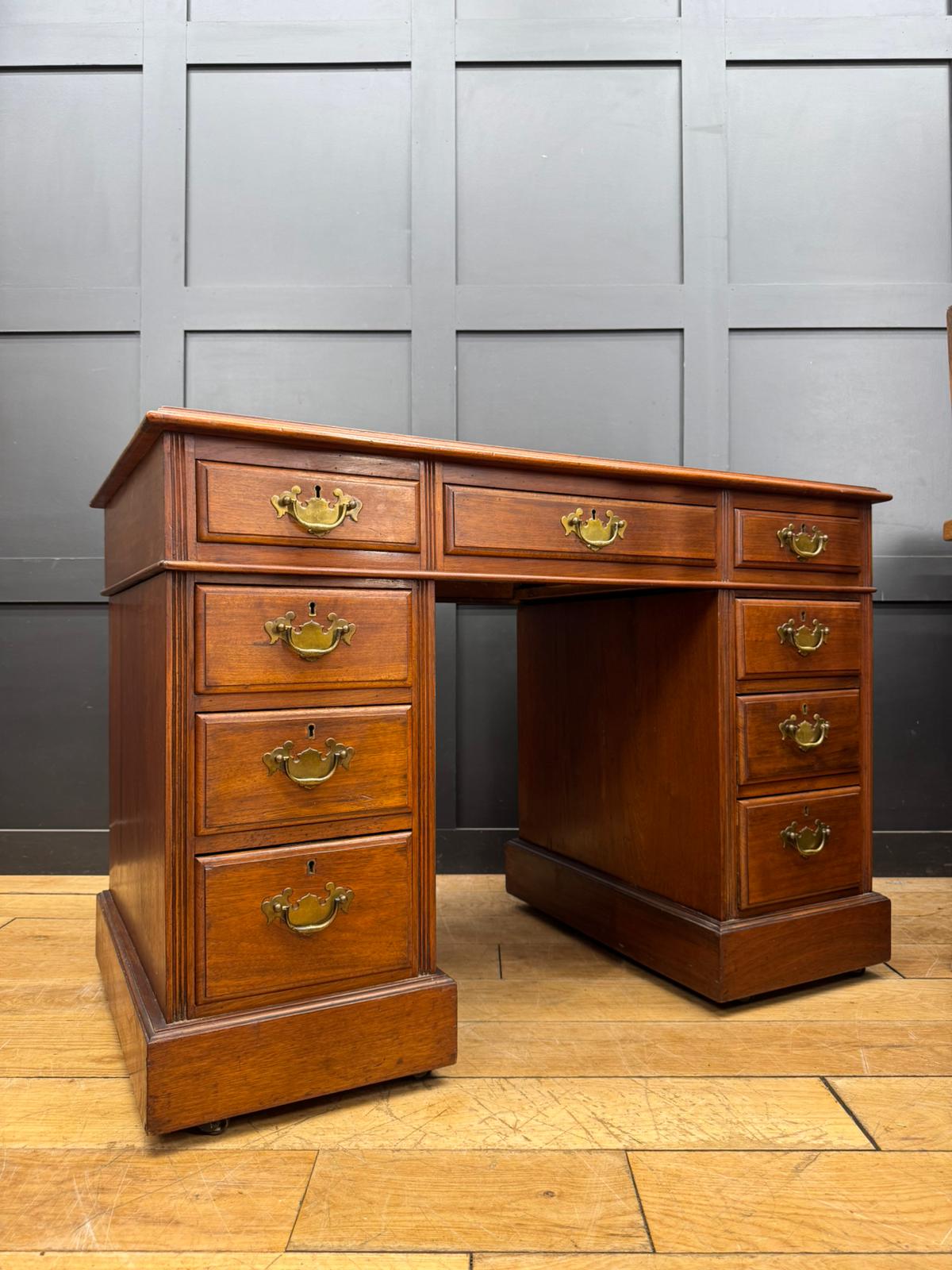 Vintage Walnut Pedestal Desk Leather Top – Antique Style Writing Table 9 Drawers