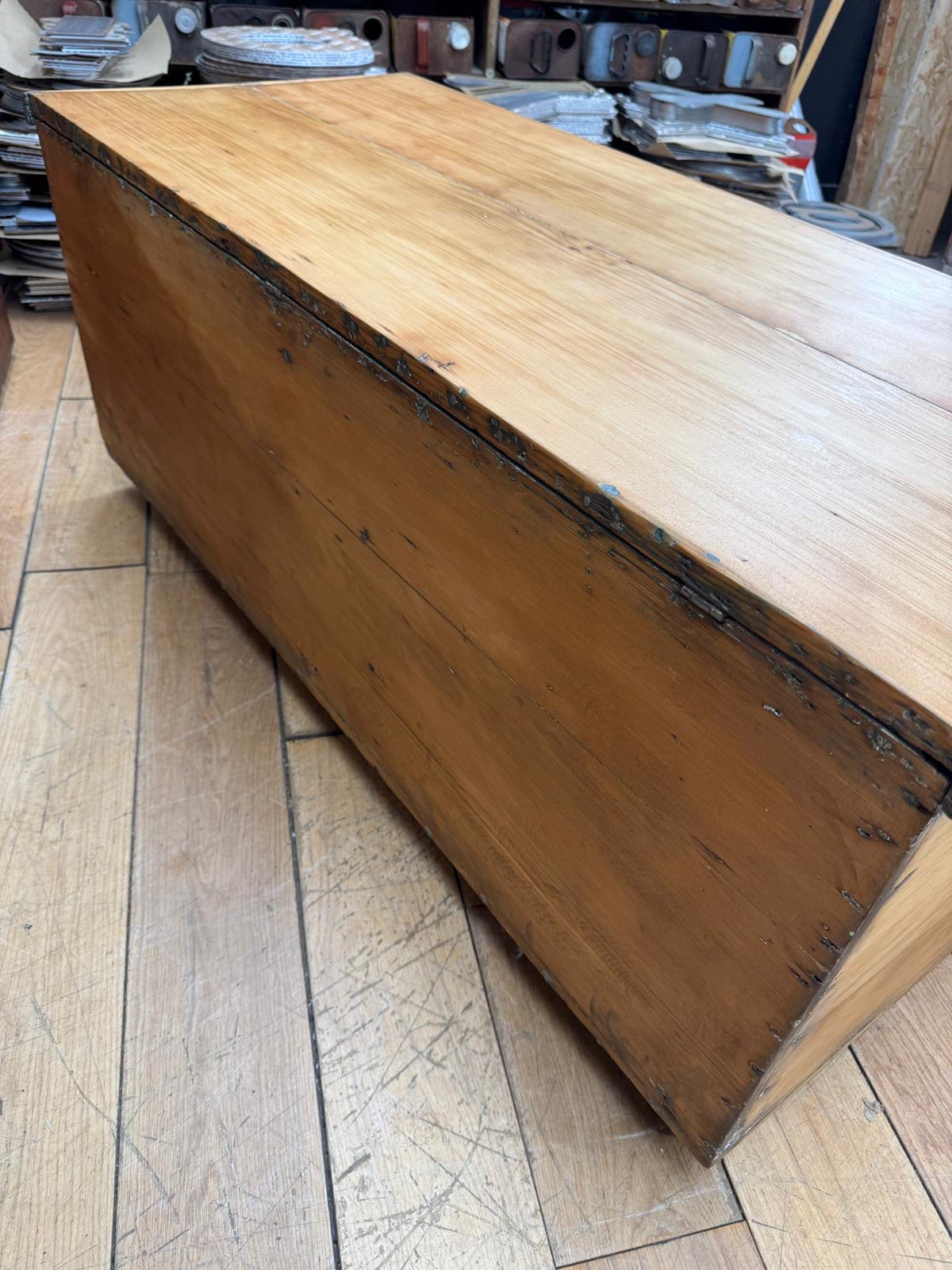 Antique Pine Chest on Wheels – 19thC Storage Trunk Blanket Box Coffee Table