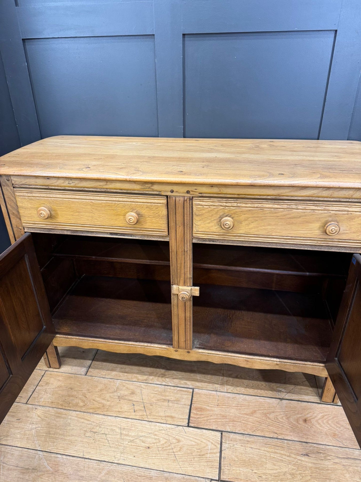 Vintage Ercol Elm Sideboard Cupboard with Drawers – Rustic Waxed Finish