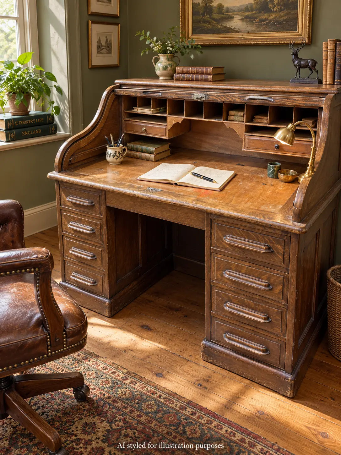 Antique Oak Roll Top Desk Office Furniture Pedestal Tambour c.1900 Edwardian