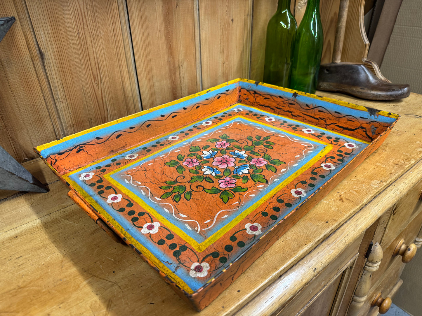 Rustic Vintage Metal Hand Painted Tray / Bread Antipasti Board / Decorative Storage / Serving Lap Tray / Narrow Boat / Gypsy / Fruit Bowl / Table Center Piece