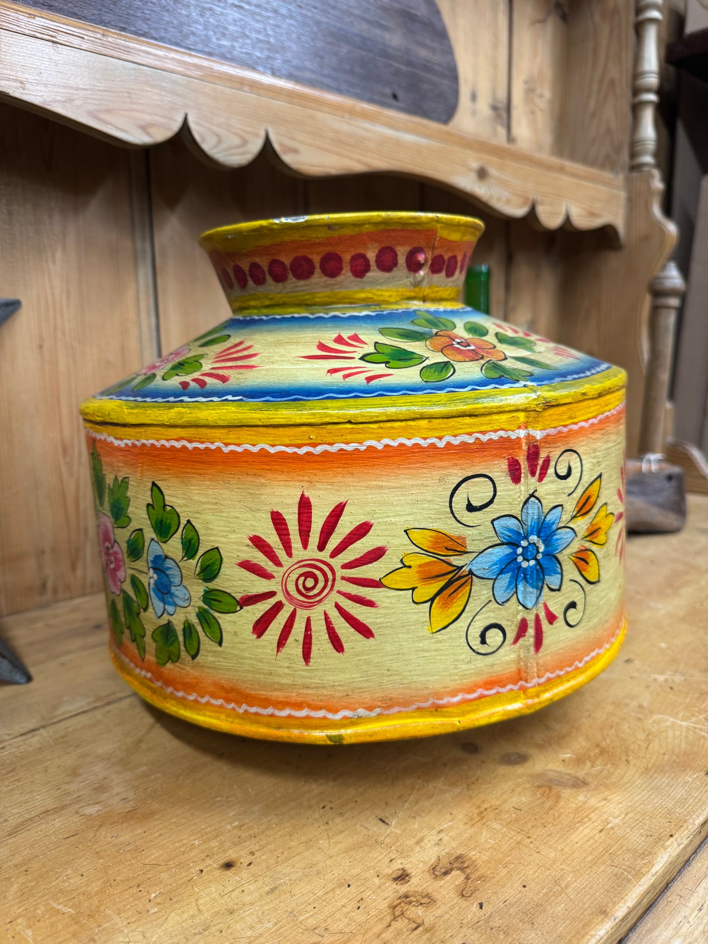 Vintage Painted Indian Water Pot / Decor Handmade Metal Pot / Metal Vase / Narrow Boat / Gypsy / Rustic