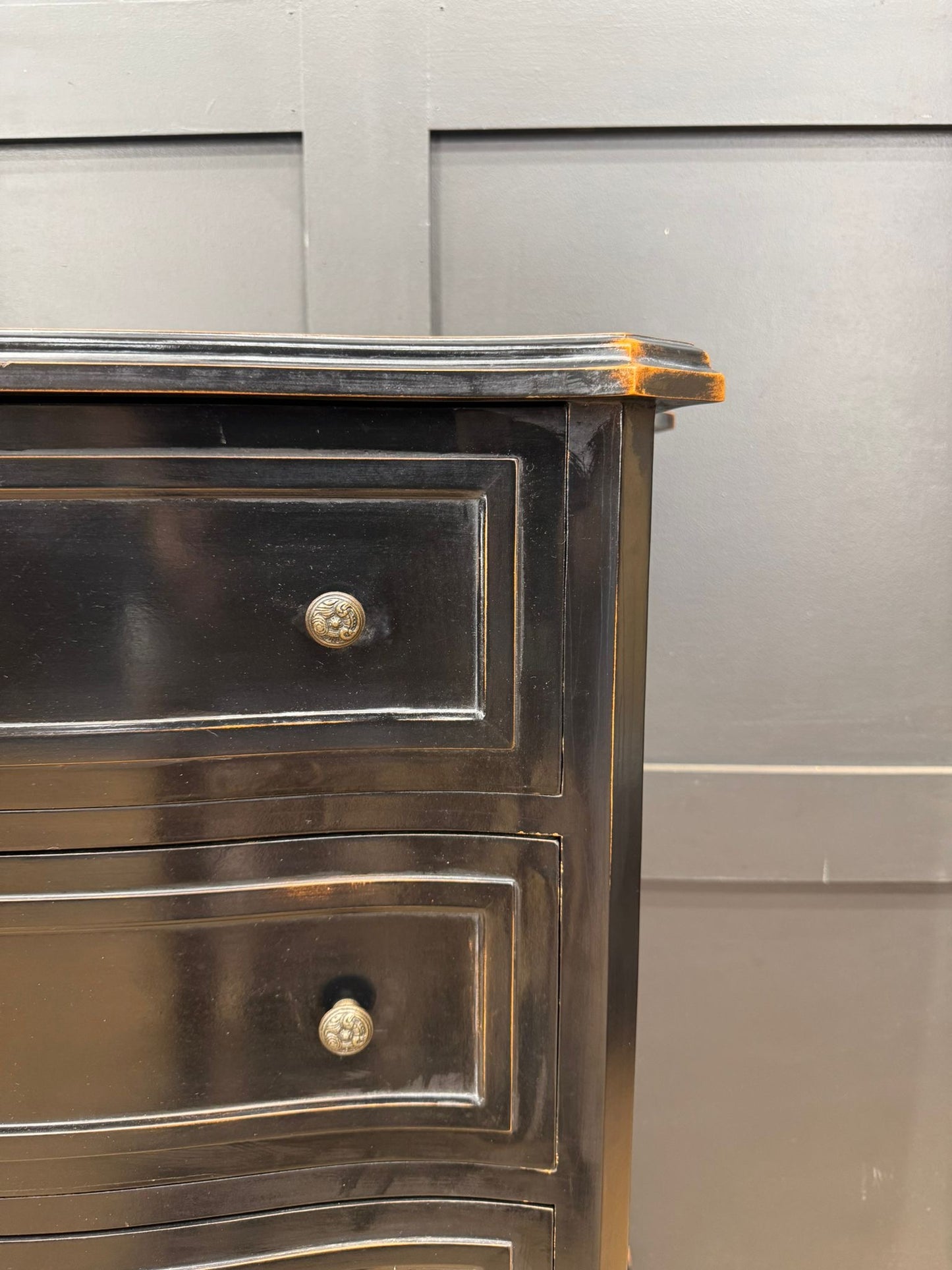French Style Black Serpentine Chest of Drawers Vintage Rococo Distressed