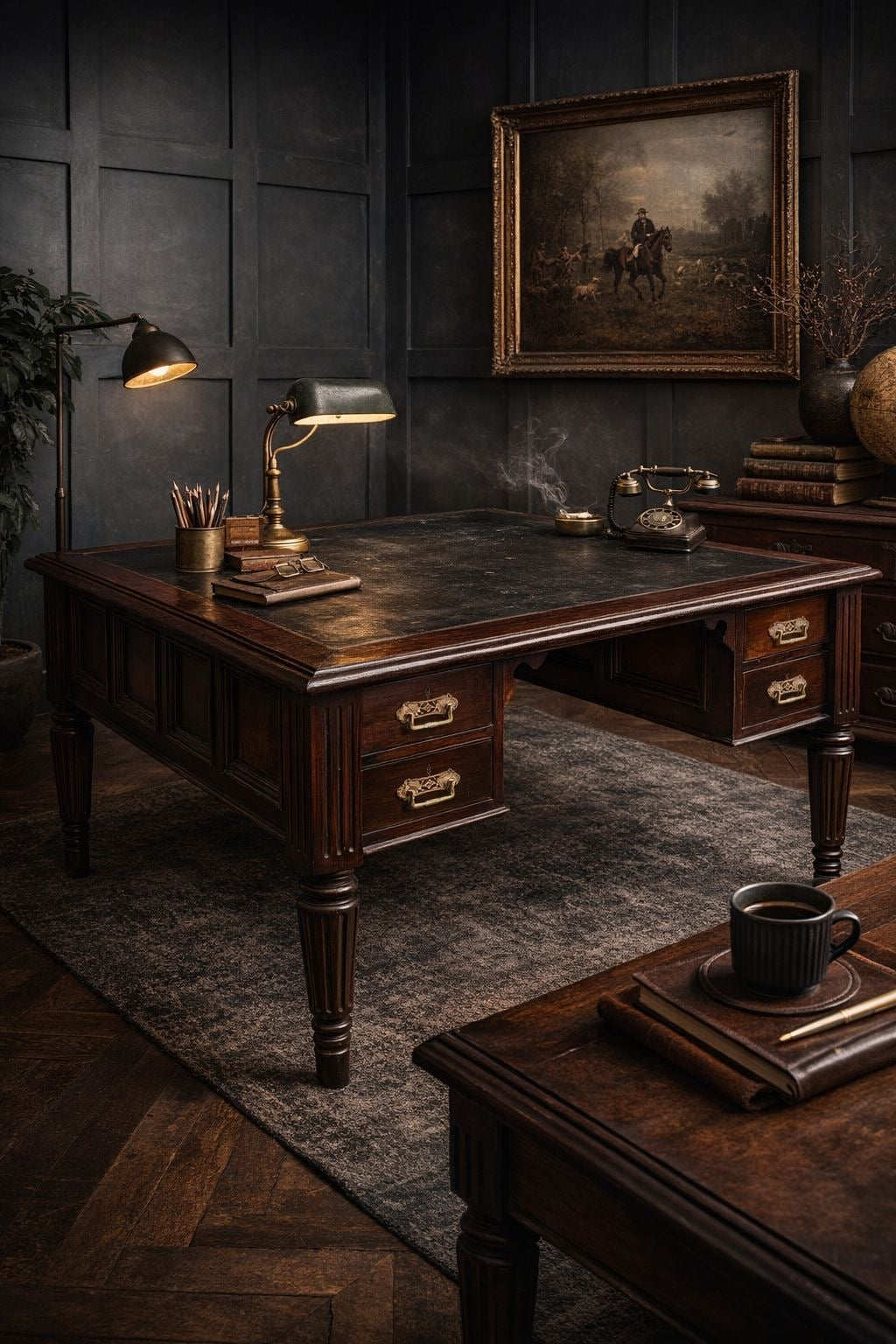 Antique Mahogany Partners Desk – Leather Top, Drawers Both Sides / Office Study