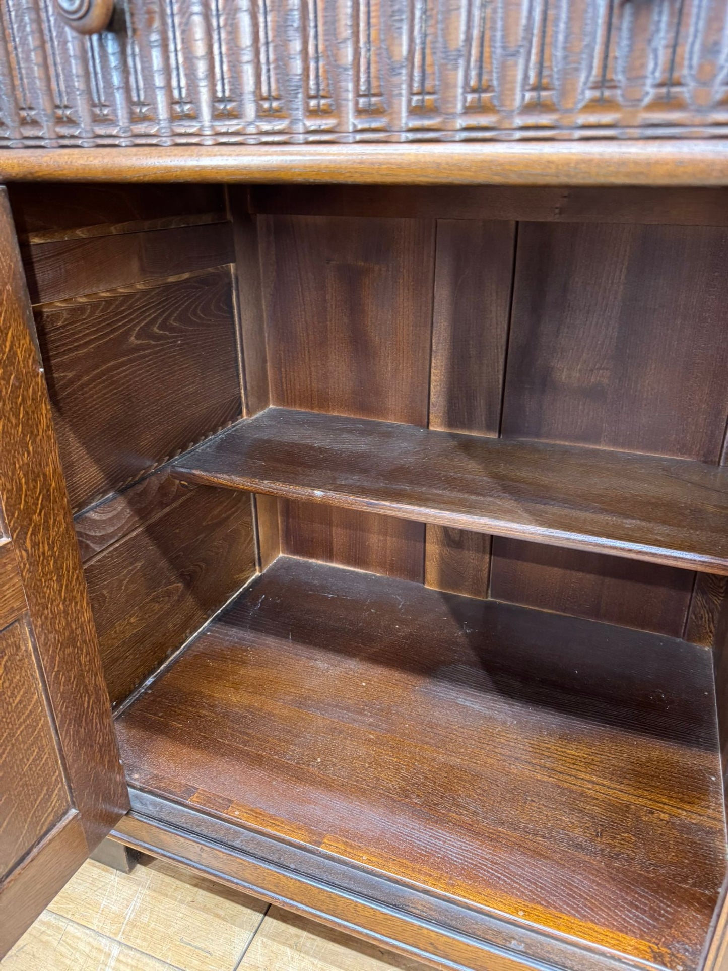Ercol Old Colonial Large Sideboard – Oak, Carved Panel, Vintage Buffet Cupboard