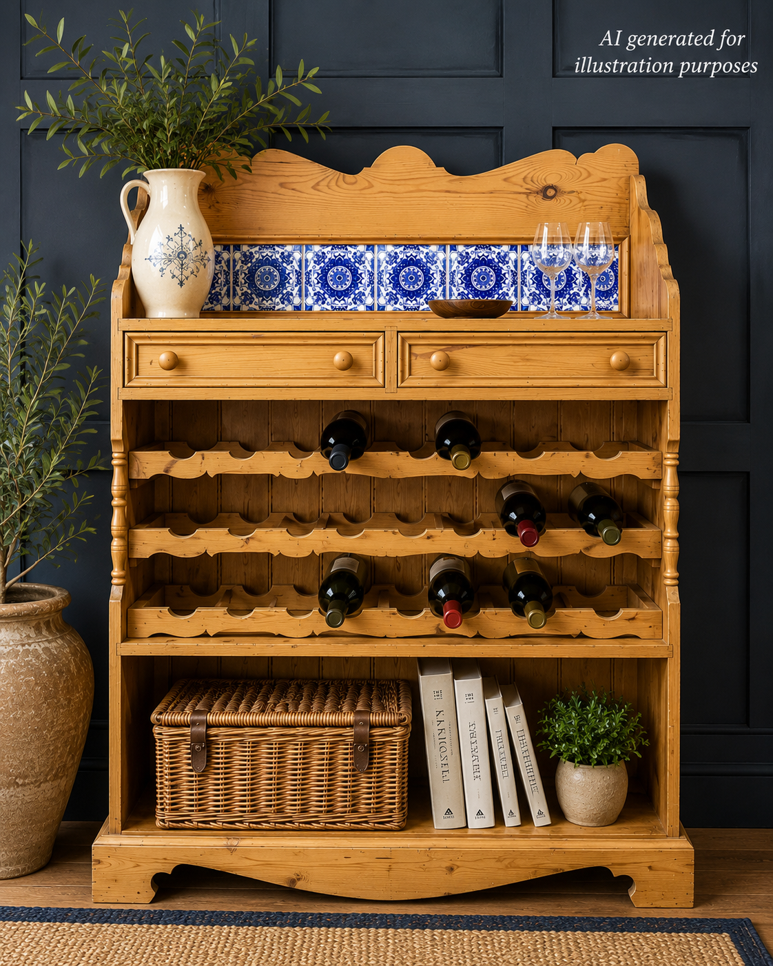Large Rustic Pine Wine Rack Kitchen Dresser Cabinet with Blue Delft Tiles