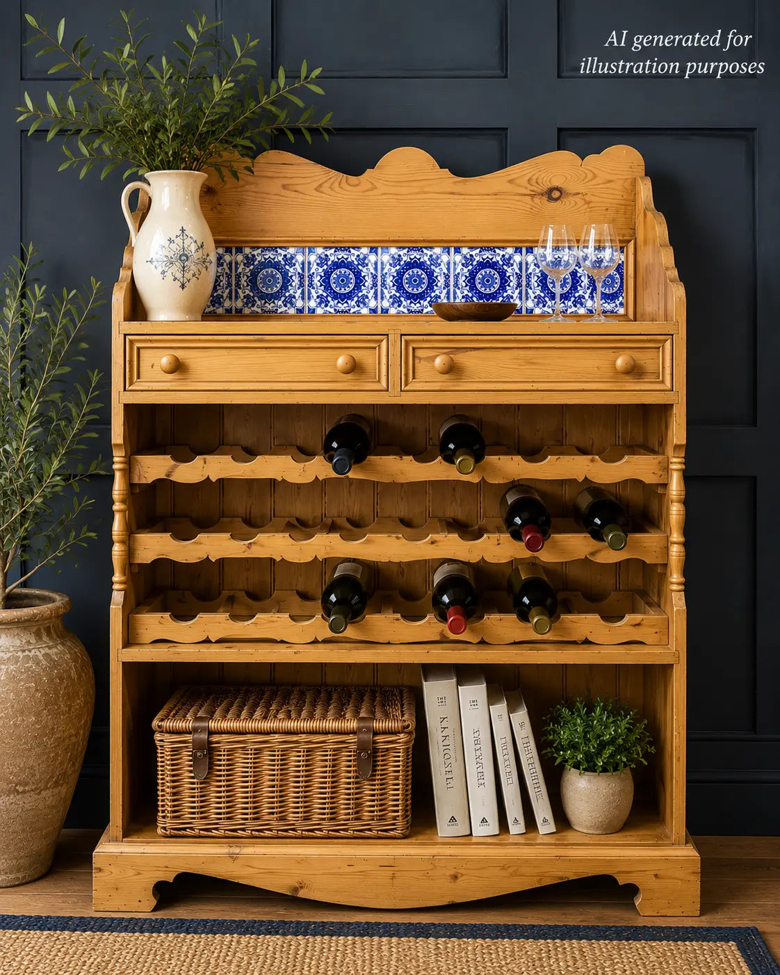 Large Rustic Pine Wine Rack Kitchen Dresser Cabinet with Blue Delft Tiles RUSTIC WAREHOUSE NORFOLK