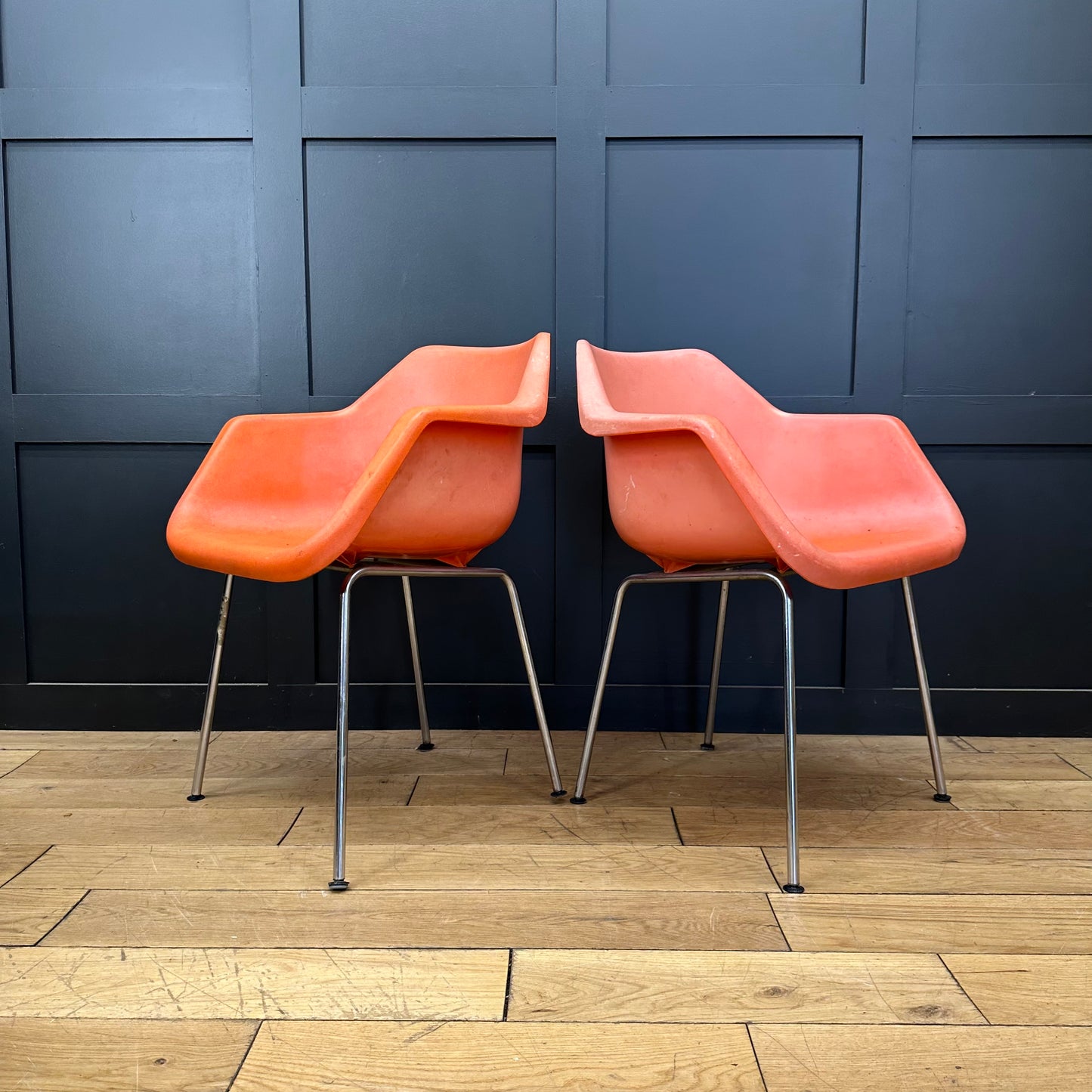 Pair Of Robin Day Mid Century Chairs / Retro Armchairs / Plastic And Chrome / retro furniture