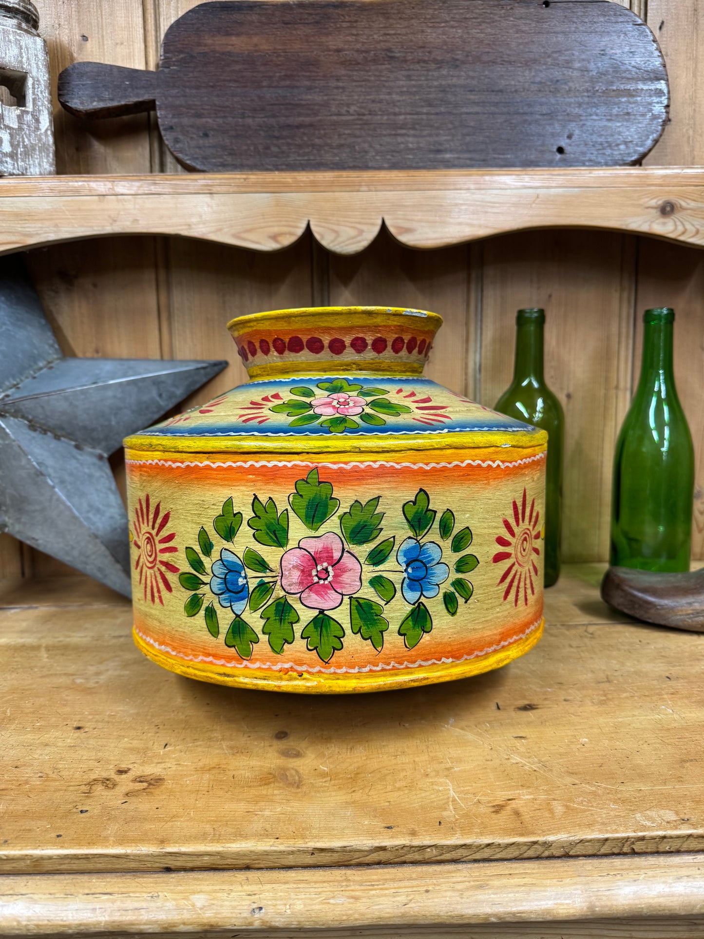 Vintage Painted Indian Water Pot / Decor Handmade Metal Pot / Metal Vase / Narrow Boat / Gypsy / Rustic