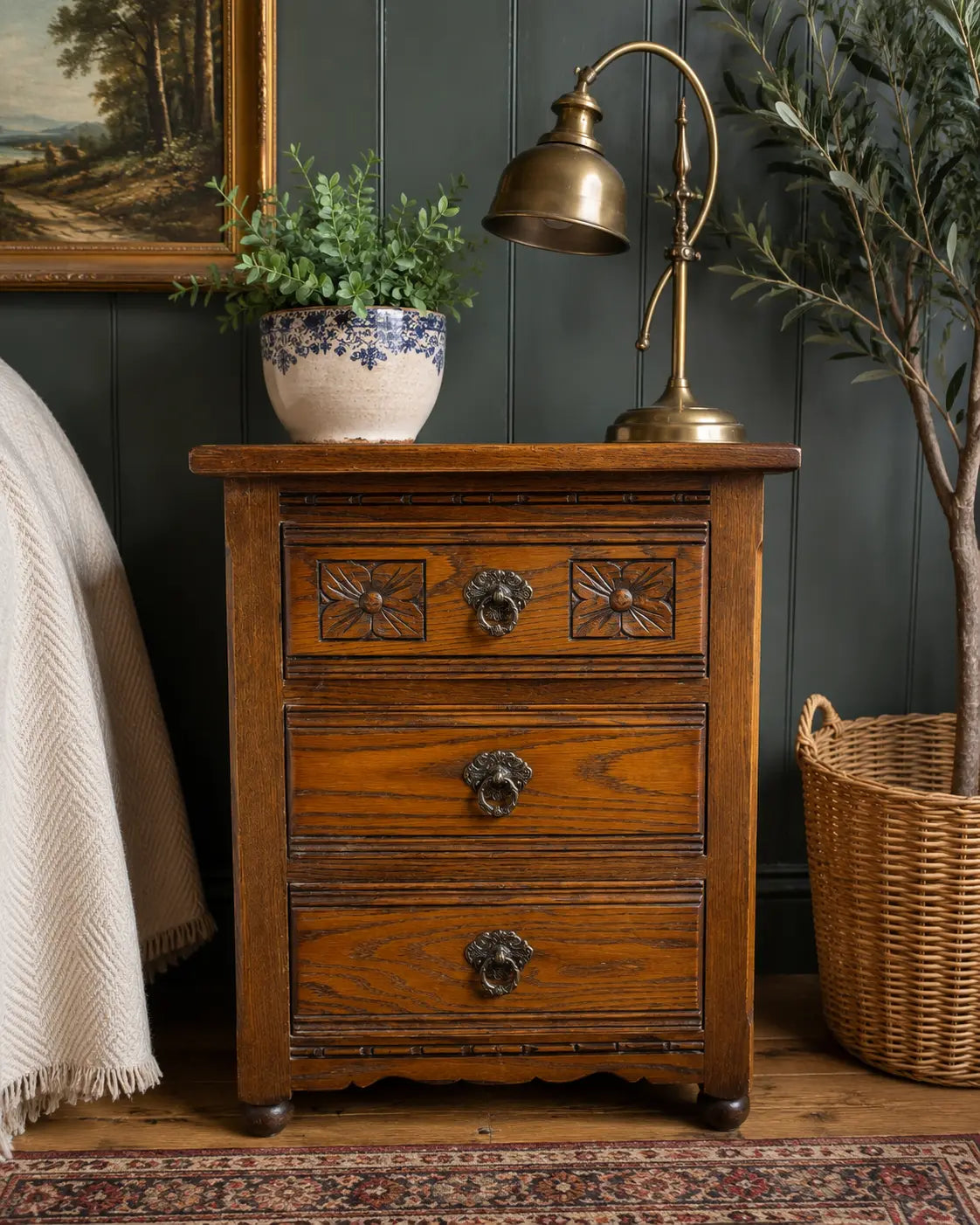 Old Charm Oak Bedside Cabinet 3 Drawer Chest of Drawers Wood Bros Vintage