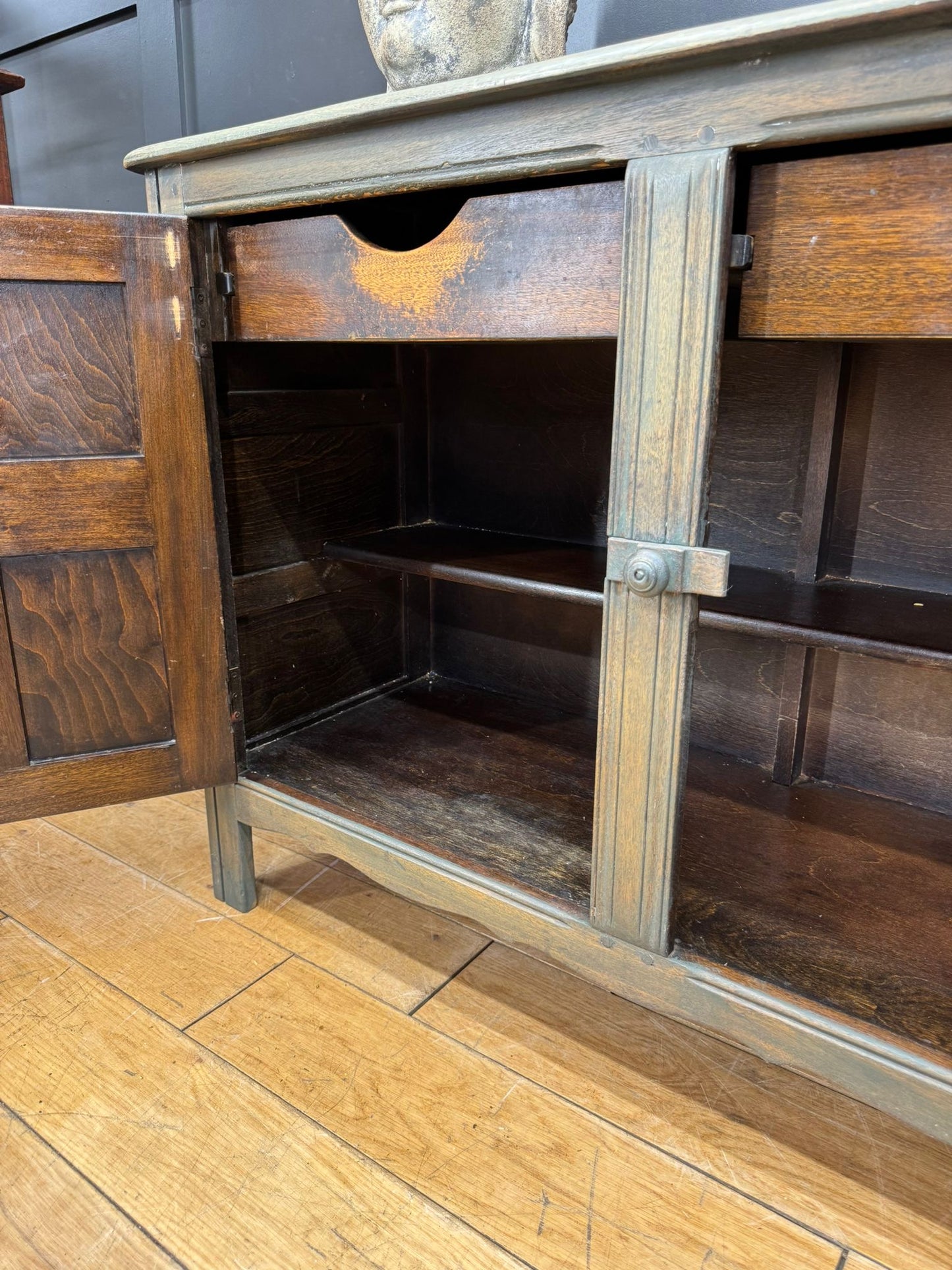 Vintage Ercol Elm Sideboard Cupboard with Drawers – Rustic Green Washed Finish