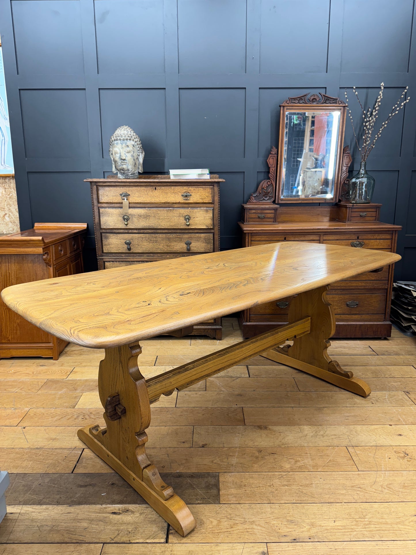Vintage Ercol Refectory Elm Plank Top Kitchen Dining Table / Mid Century