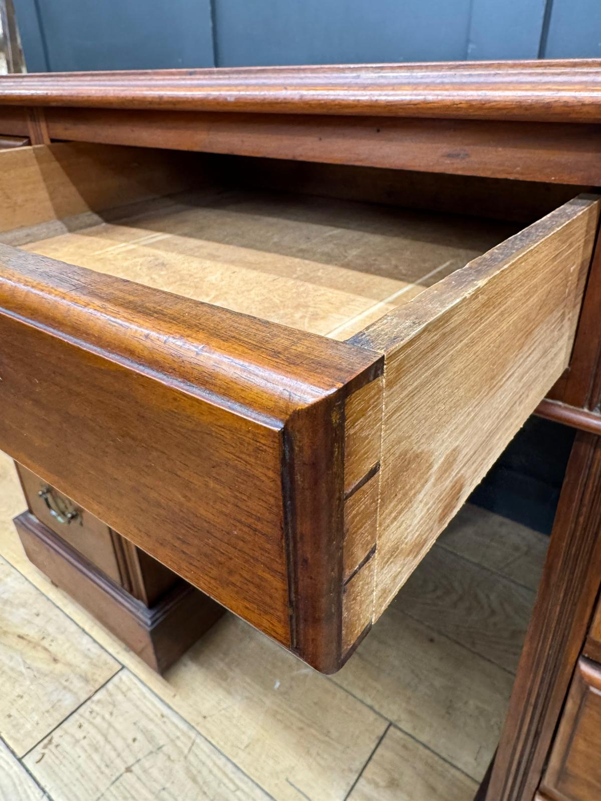 Vintage Walnut Pedestal Desk Leather Top – Antique Style Writing Table 9 Drawers
