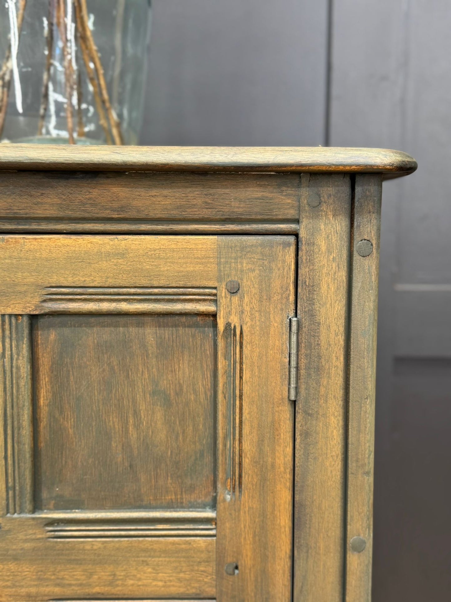 Vintage Ercol Elm Sideboard Cupboard with Drawers – Rustic Green Washed Finish
