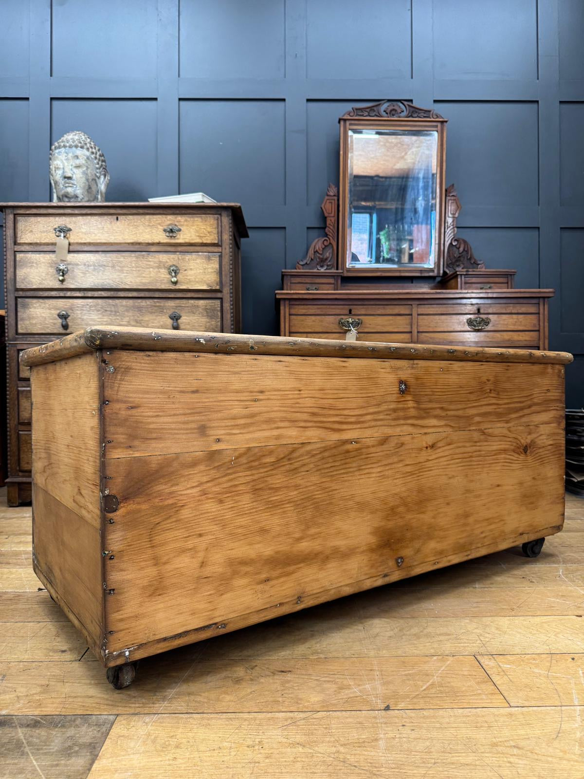 Antique Pine Chest on Wheels – 19thC Storage Trunk Blanket Box Coffee Table