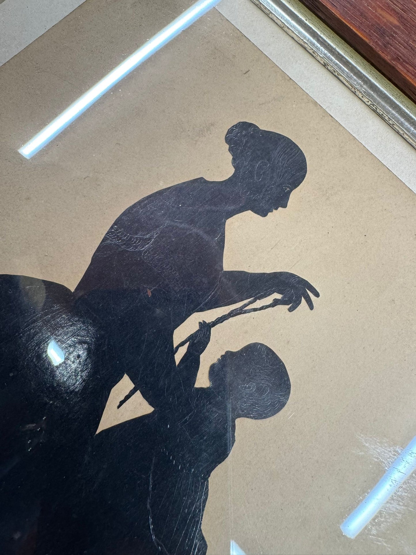 Antique 19thC Silhouette Portrait in Oak Frame – Family Scene, Signed & Rare