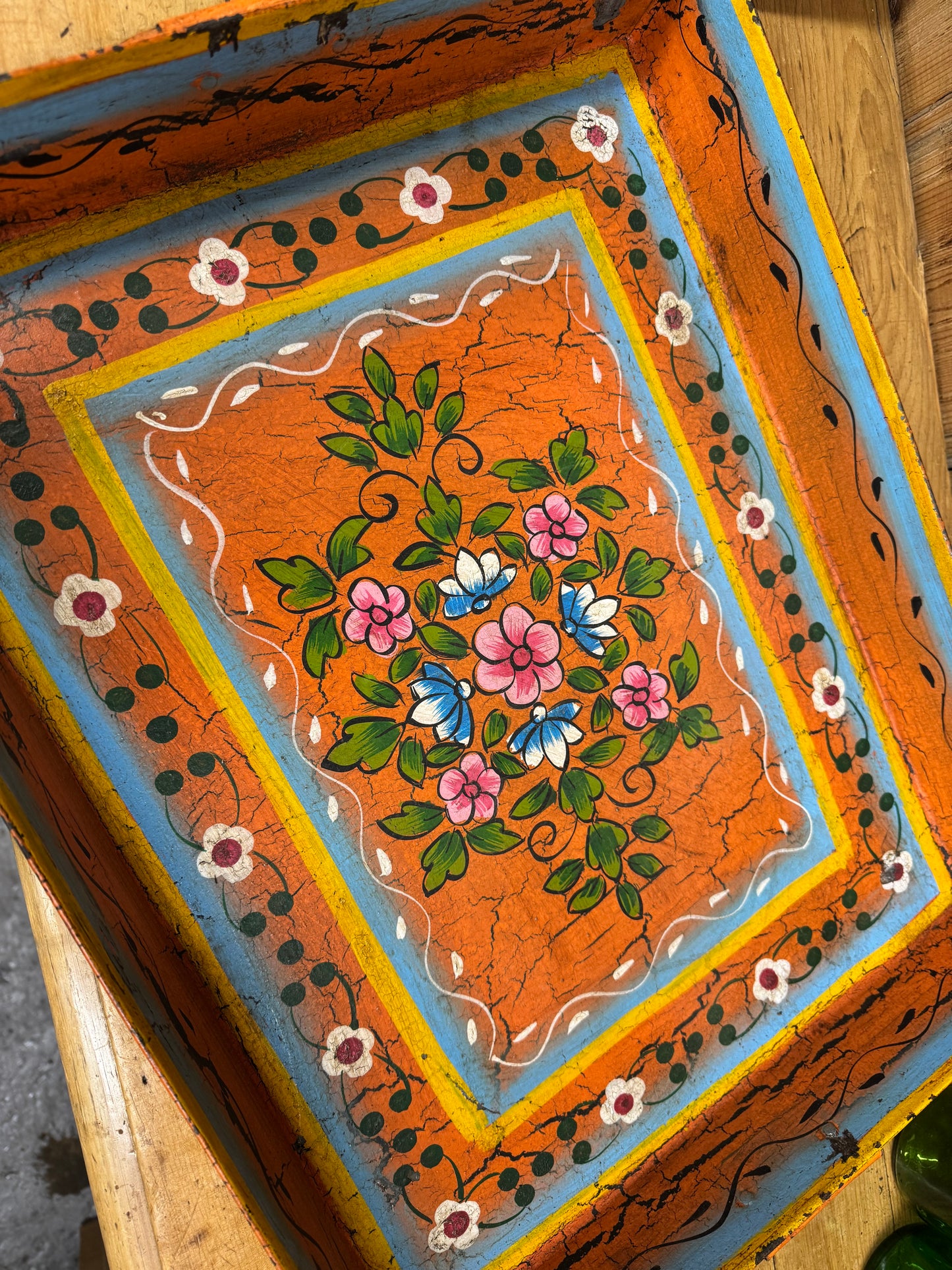 Rustic Vintage Metal Hand Painted Tray / Bread Antipasti Board / Decorative Storage / Serving Lap Tray / Narrow Boat / Gypsy / Fruit Bowl / Table Center Piece