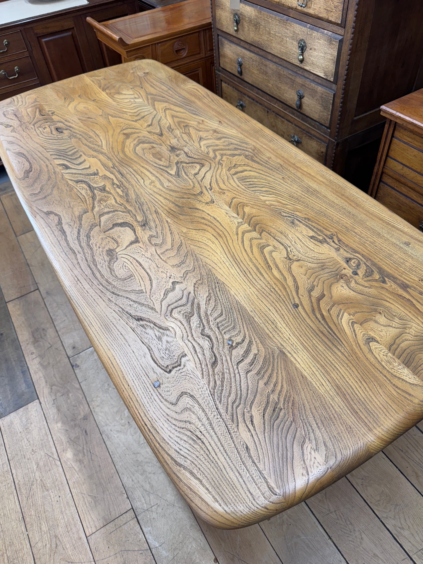 Vintage Ercol Refectory Elm Plank Top Kitchen Dining Table / Mid Century