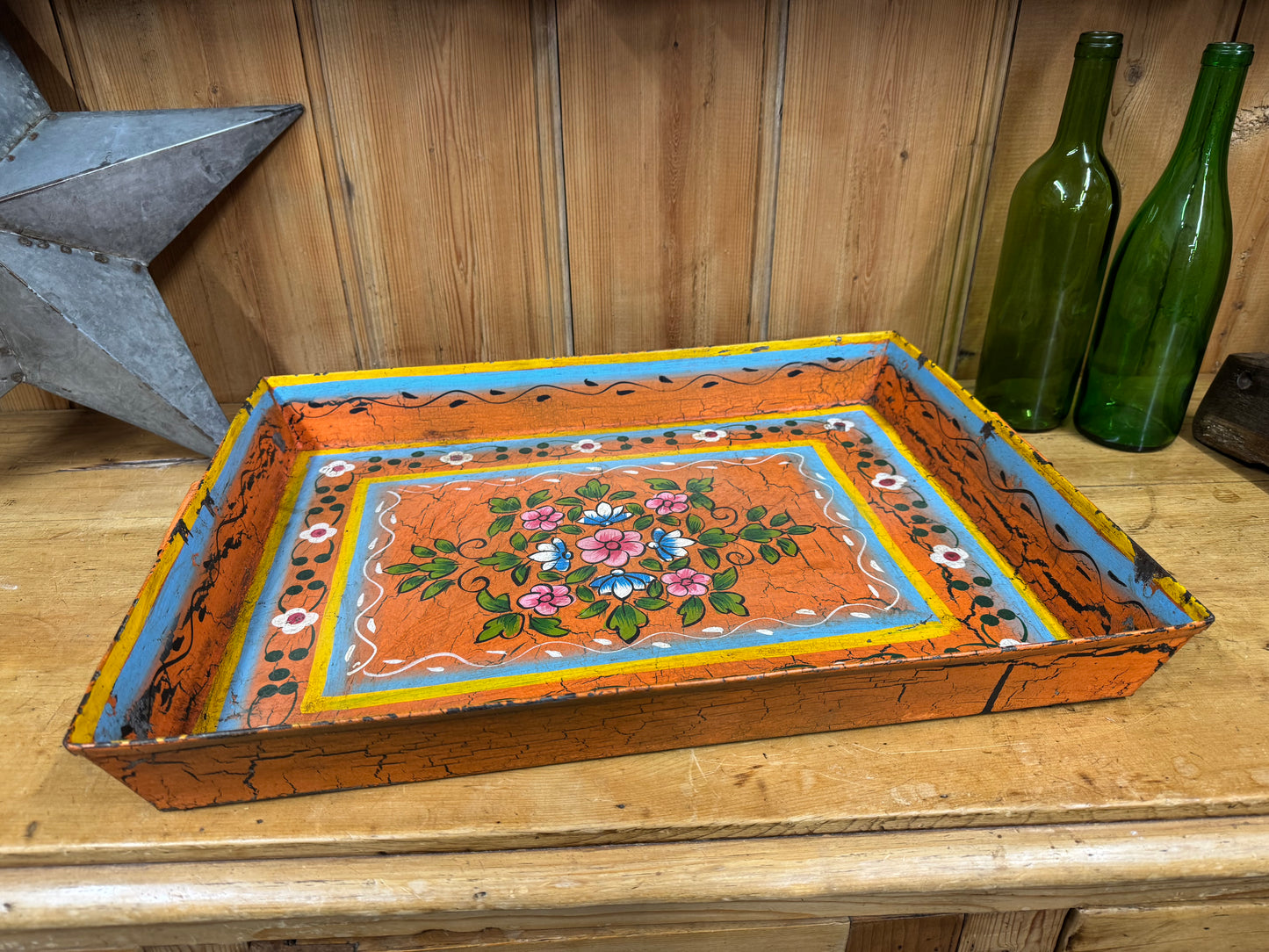 Rustic Vintage Metal Hand Painted Tray / Bread Antipasti Board / Decorative Storage / Serving Lap Tray / Narrow Boat / Gypsy / Fruit Bowl / Table Center Piece
