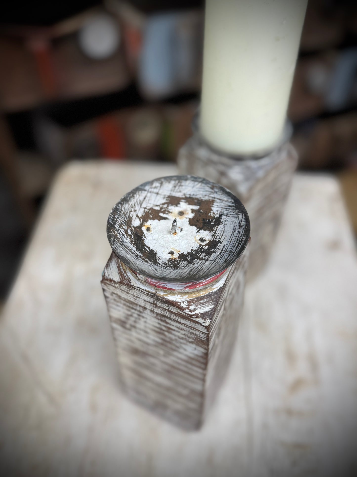 Pair Of Rustic Wooden Candle Holders / Large Church Candle Candlesticks /C