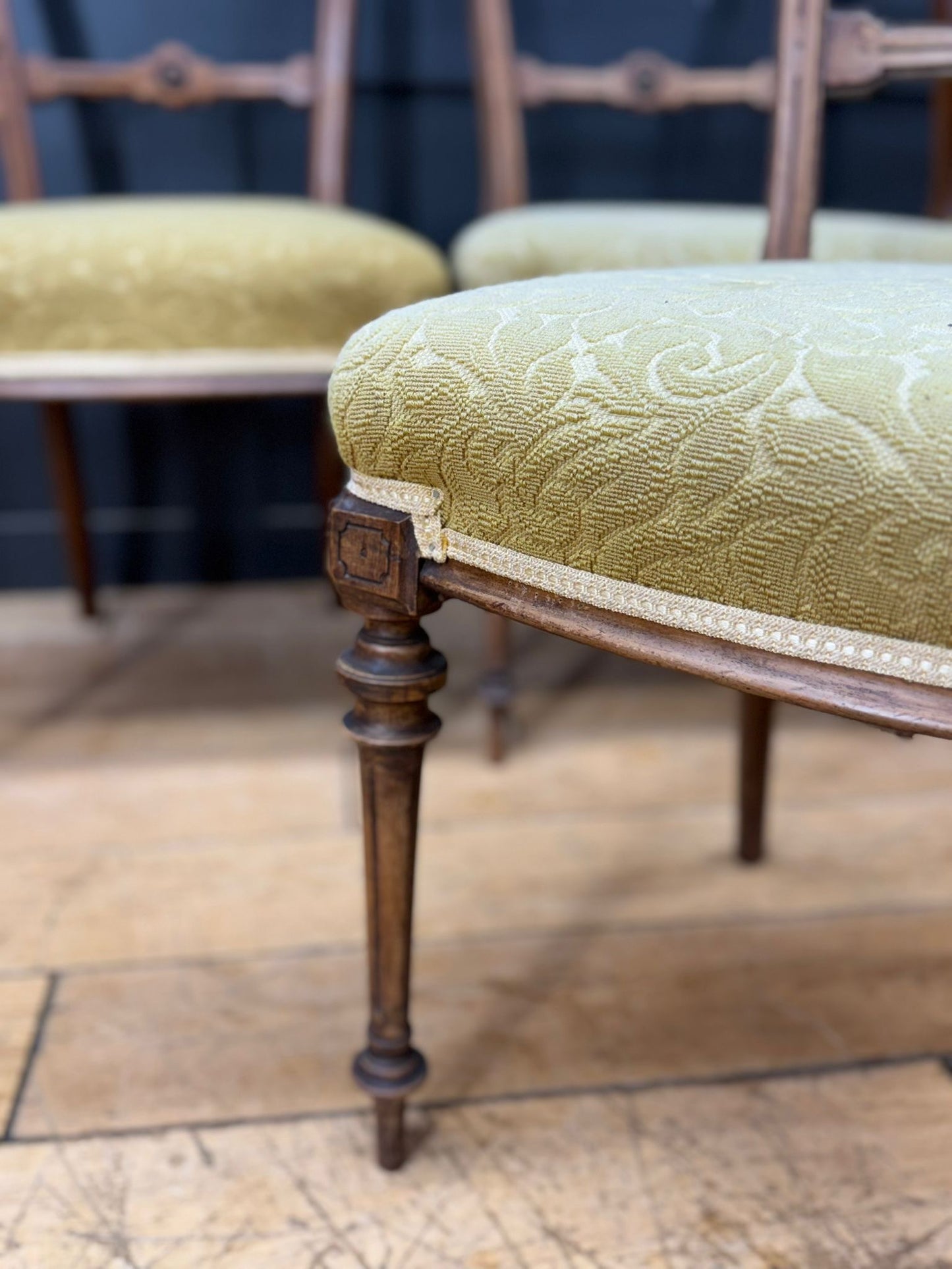 Set of Late Victorian Upholstered Dining Chairs / Walnut Kitchen Chairs