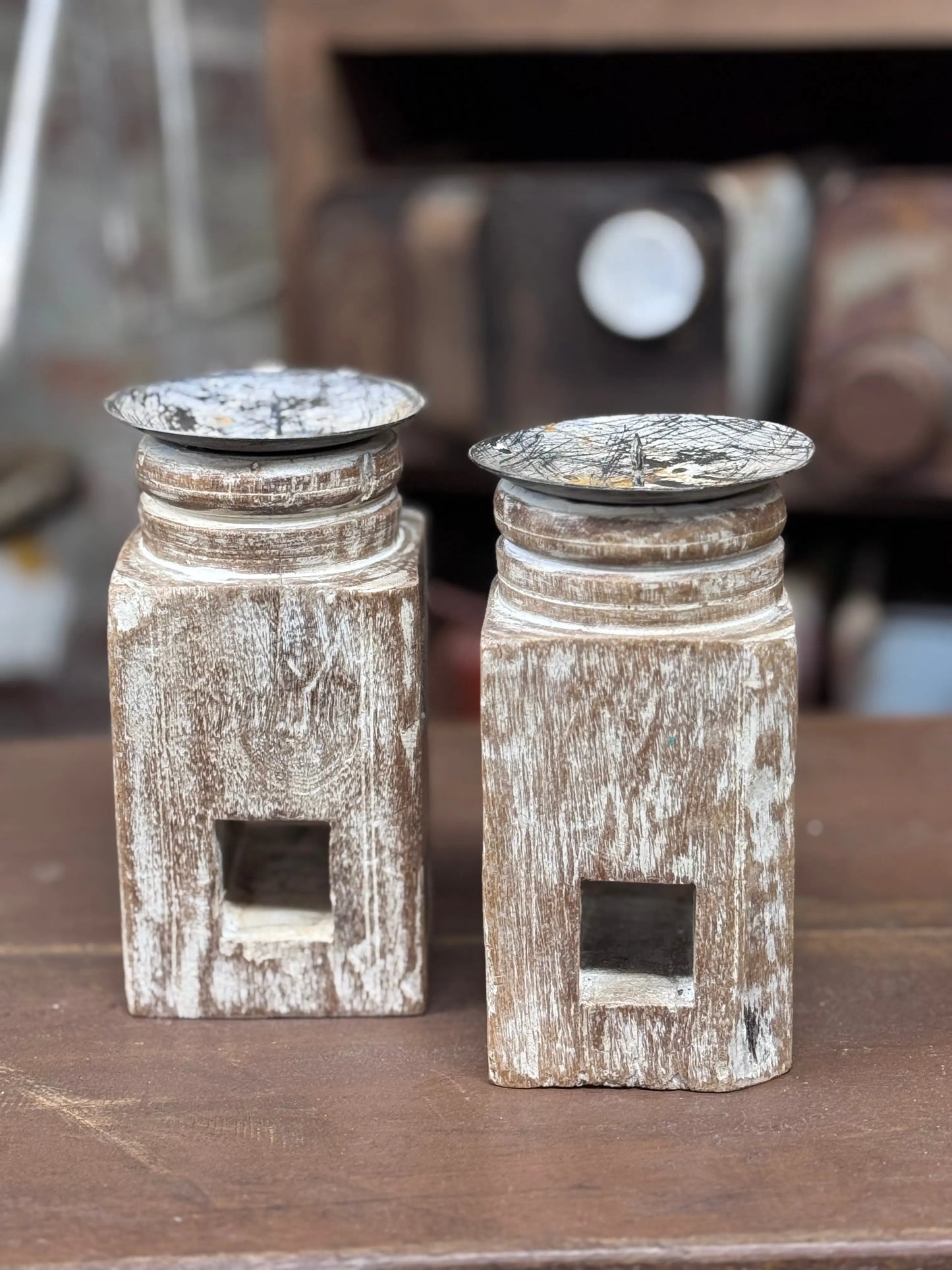 Pair Of Rustic Wooden Candle Holders / Large Church Candle Candlesticks /A RUSTIC WAREHOUSE NORFOLK
