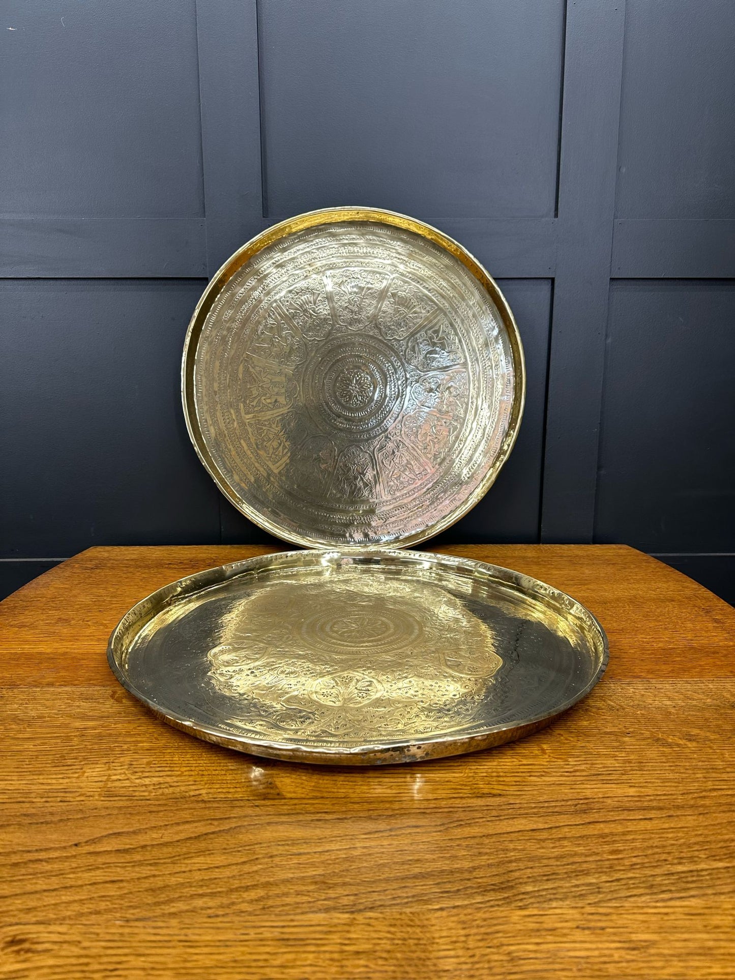 Two Extra Large brass Antique Indian Trays / Charger Plates / Cocktail Trays