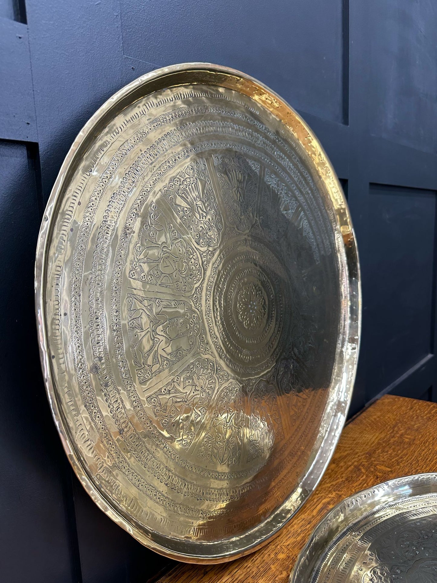 Two Extra Large brass Antique Indian Trays / Charger Plates / Cocktail Trays