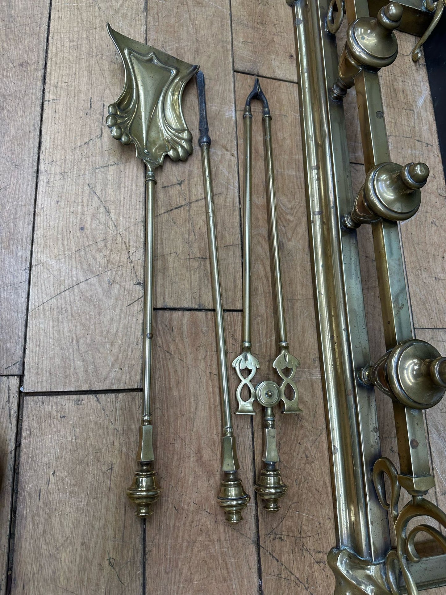 Antique Brass Fender And Companion Set / Fireplace Surround/ Poker Set