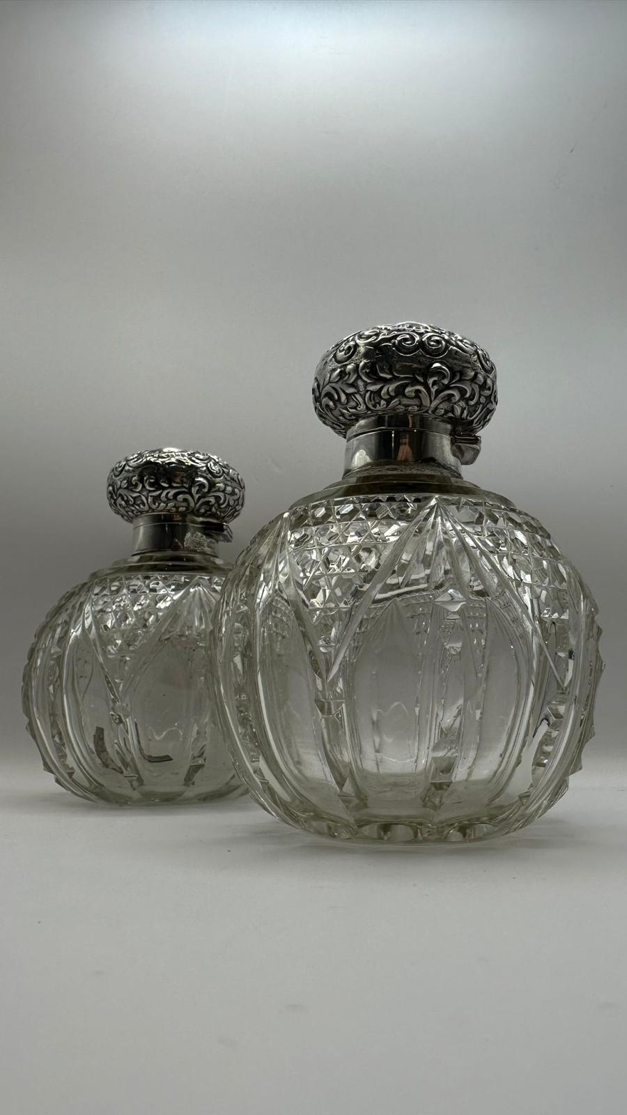 Antique Pair Victorian Silver Topped Cut Glass Scent Bottles
