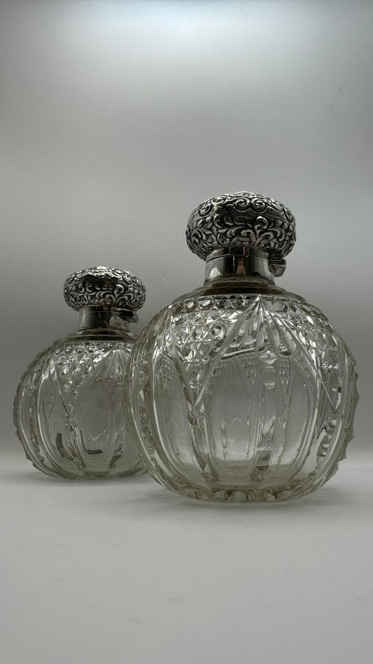 Antique Pair Victorian Silver Topped Cut Glass Scent Bottles Dressing Table Pot