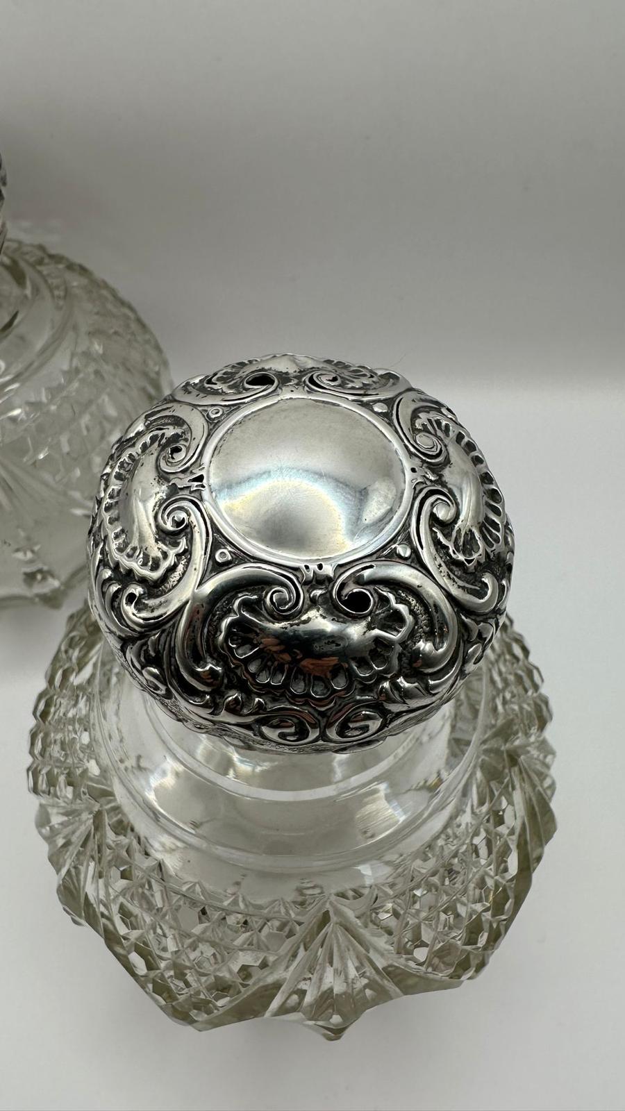 Antique Pair Victorian Silver Topped Cut Glass Scent Bottles Dressing Table Pot