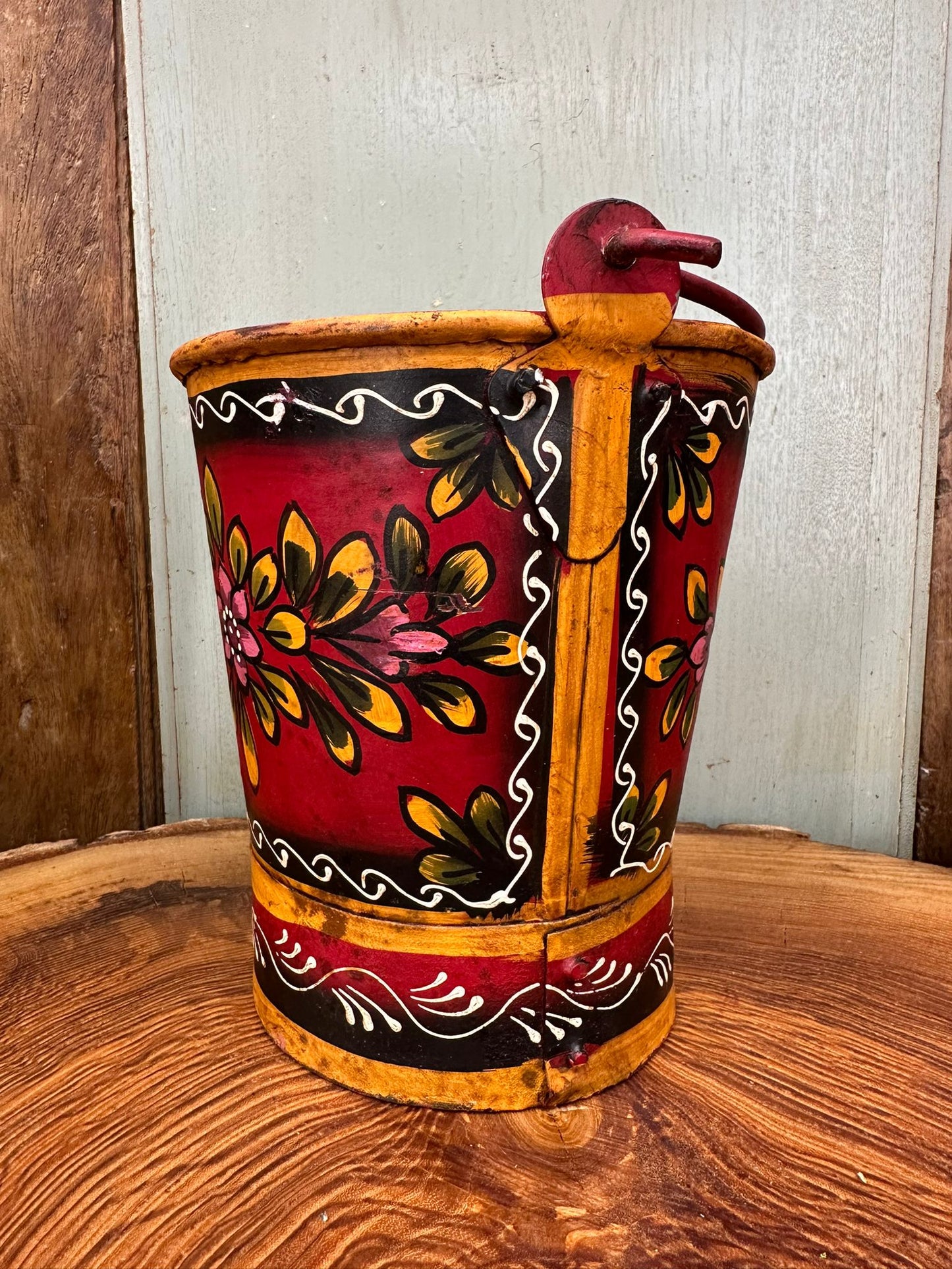 Vintage Small Hand Painted Bucket / Plant Pot / Herb Planter / Red Pail