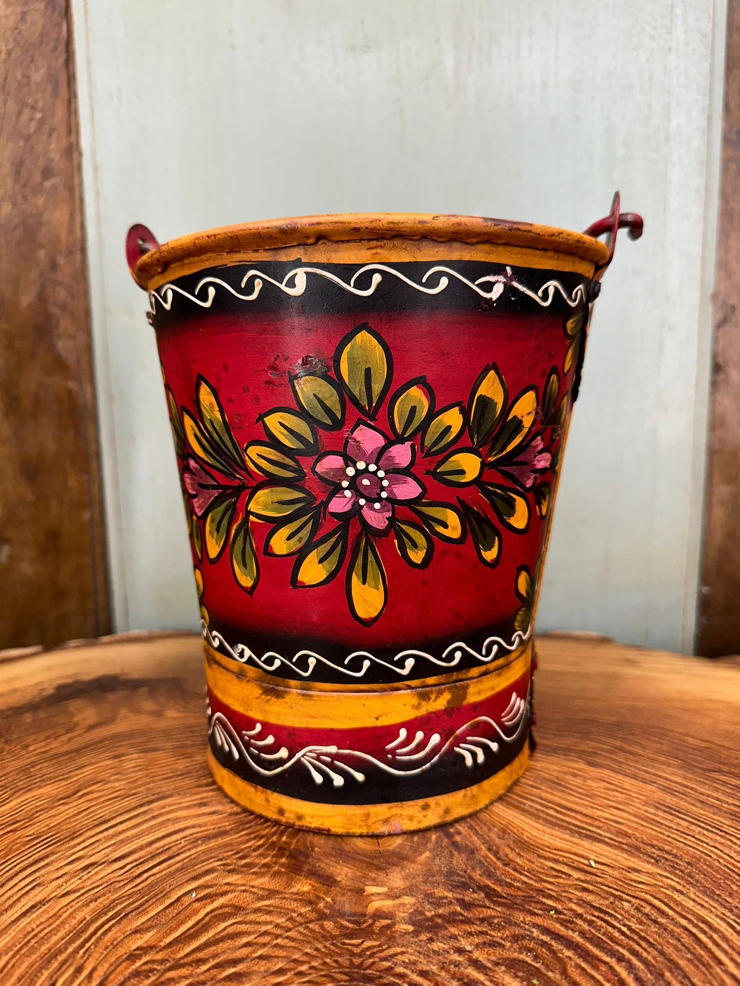 Vintage Small Hand Painted Bucket / Plant Pot / Herb Planter / Red Pail